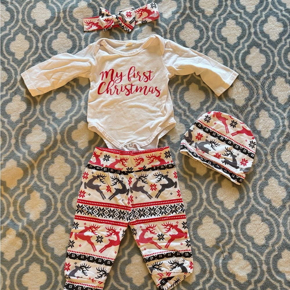 My First Christmas Outfit Set Size 0-3 Months with Matching Bow & Hat